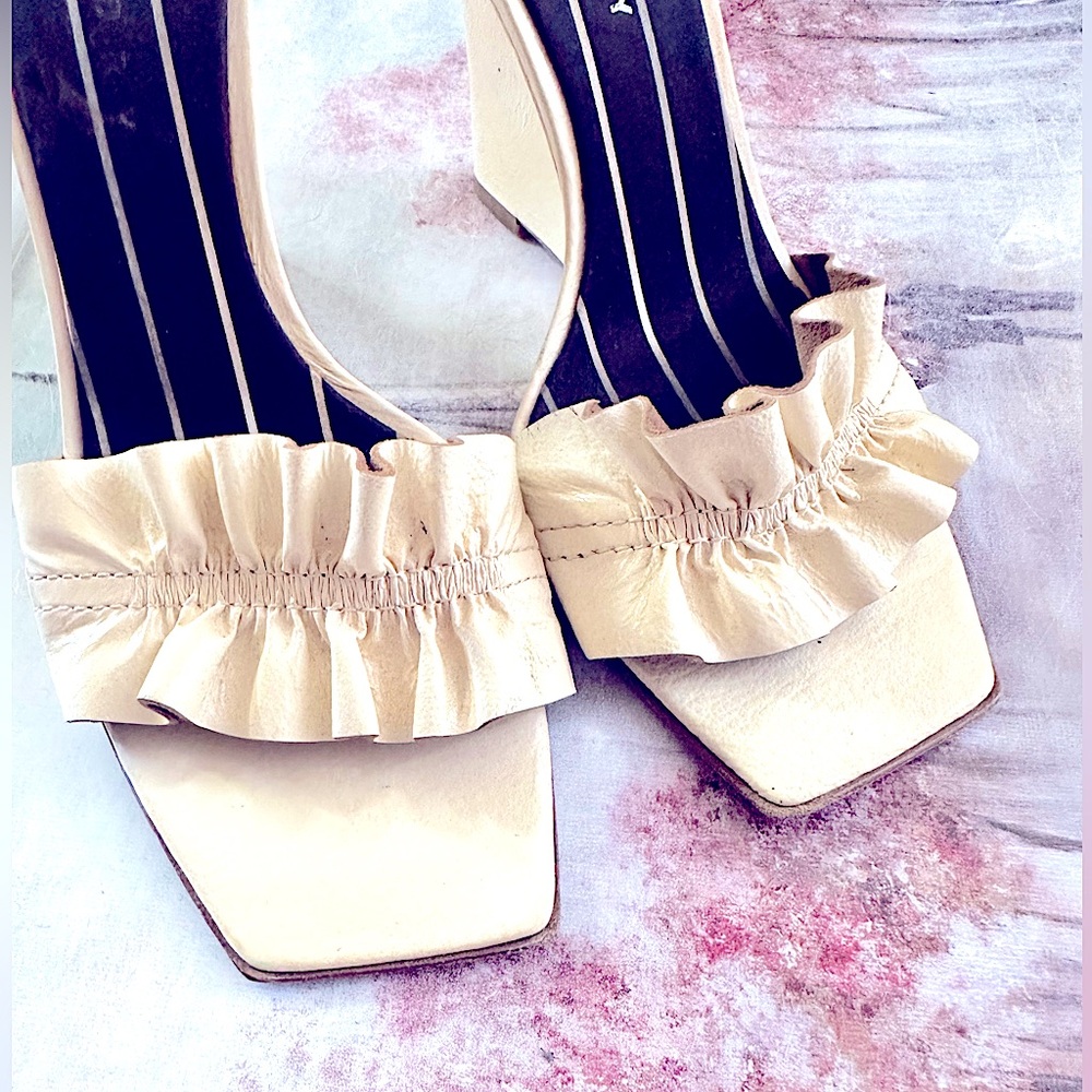 VINTAGE Faux Leather Opened Ruffled Toe Skinny Wedge Heels, By Chinese Laundry
